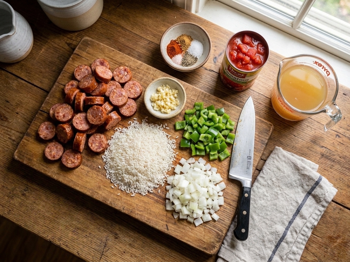 All ingredients for sausage and rice arranged on a kitchen counter, including sliced smoked sausage, uncooked rice, bell peppers, onion, garlic, broth, diced tomatoes, and spices