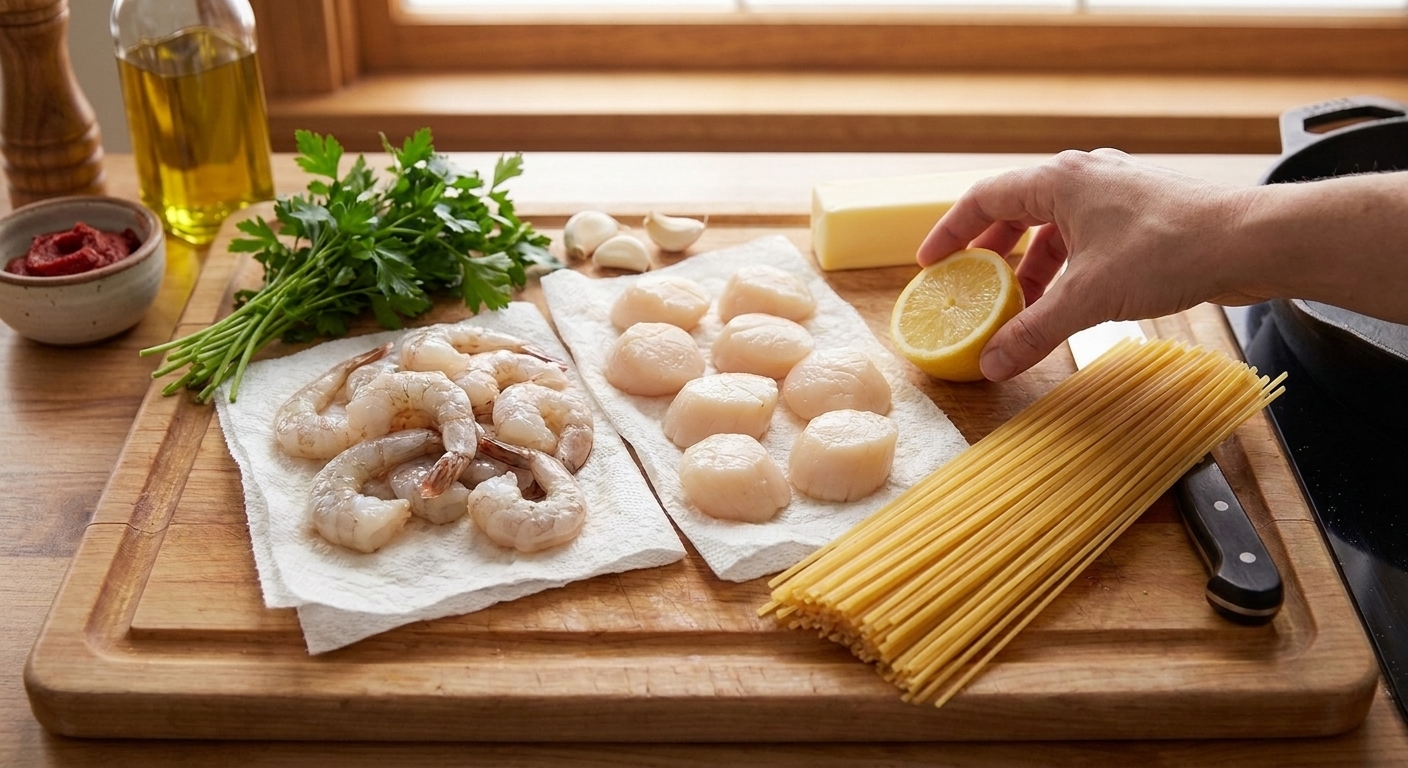All ingredients for seafood pasta arranged on a clean kitchen counter, including shrimp, scallops, pasta, garlic, lemon, parsley, butter, olive oil, and a small bowl of tomato paste