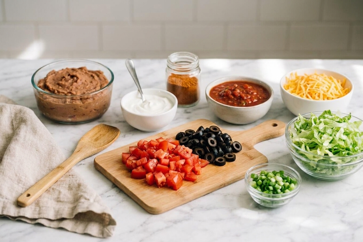 All ingredients for seven layer taco dip arranged on a kitchen counter including refried beans, sour cream, taco seasoning, salsa, shredded cheese, lettuce, tomatoes, olives, and green onions