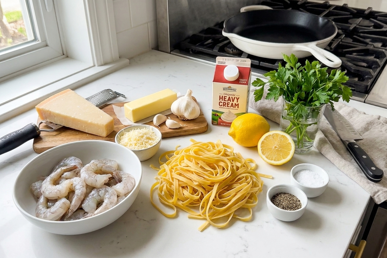 All ingredients for shrimp fettuccine Alfredo arranged on a bright kitchen counter, including raw shrimp, fettuccine, Parmesan, butter, garlic, cream, lemon, parsley, salt, and pepper