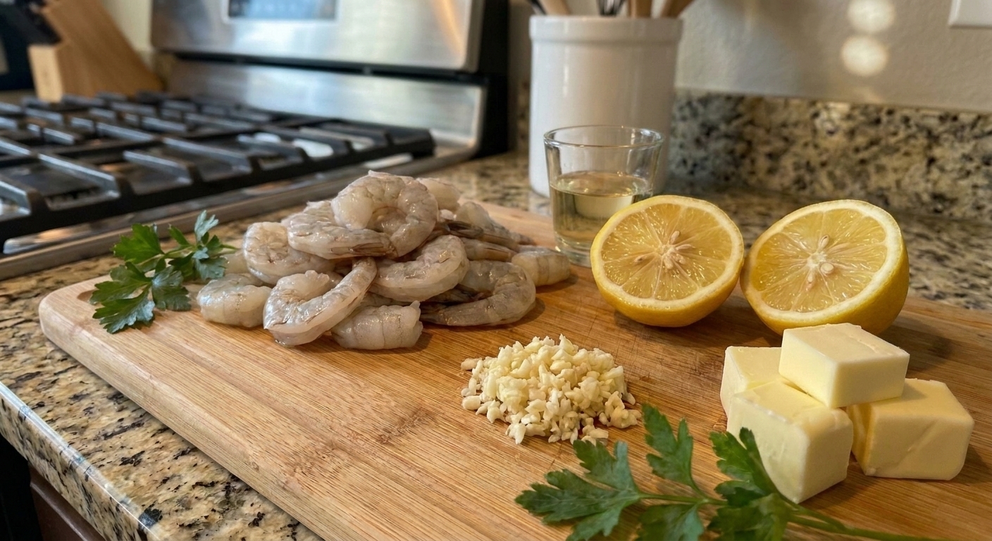 All ingredients for shrimp sauce arranged on a clean kitchen counter, including shrimp, butter, garlic, lemon, parsley, and a small glass of white wine