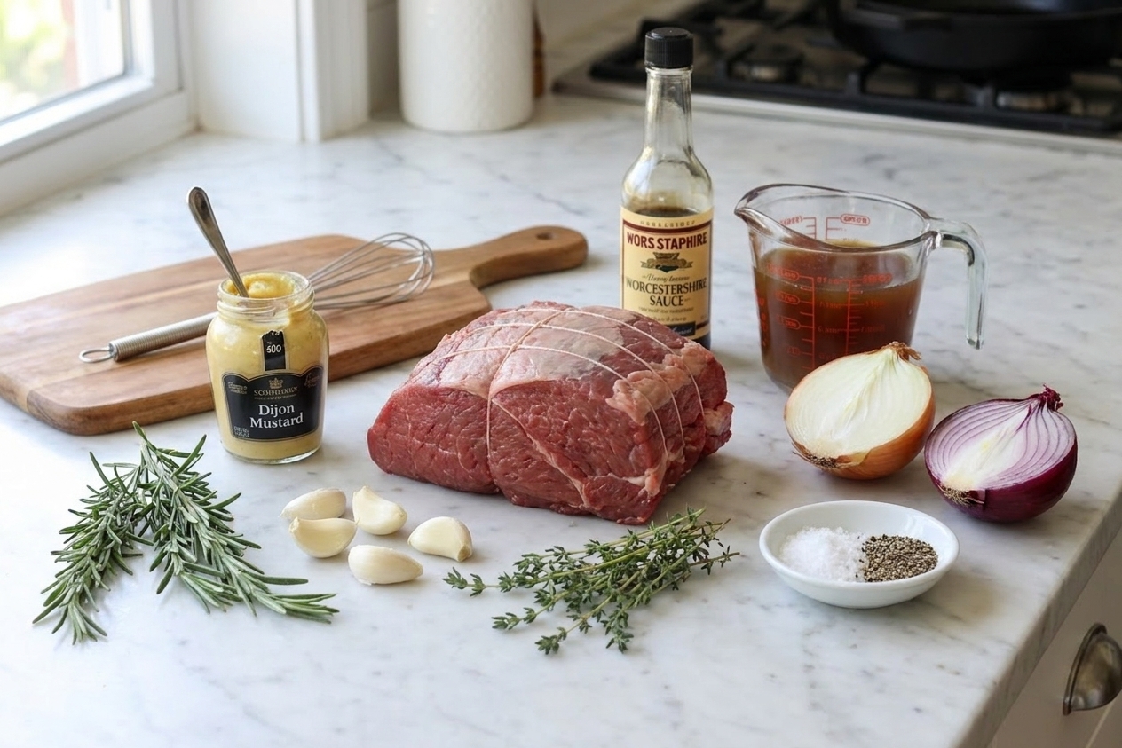 All ingredients for sirloin tip roast arranged on a kitchen counter, including the roast, garlic, rosemary, thyme, Dijon mustard, Worcestershire, broth, and onions