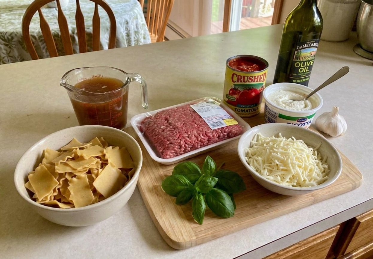 All ingredients for skillet lasagna arranged on a bright kitchen counter, including ground beef, lasagna noodles, crushed tomatoes, ricotta, mozzarella, and basil