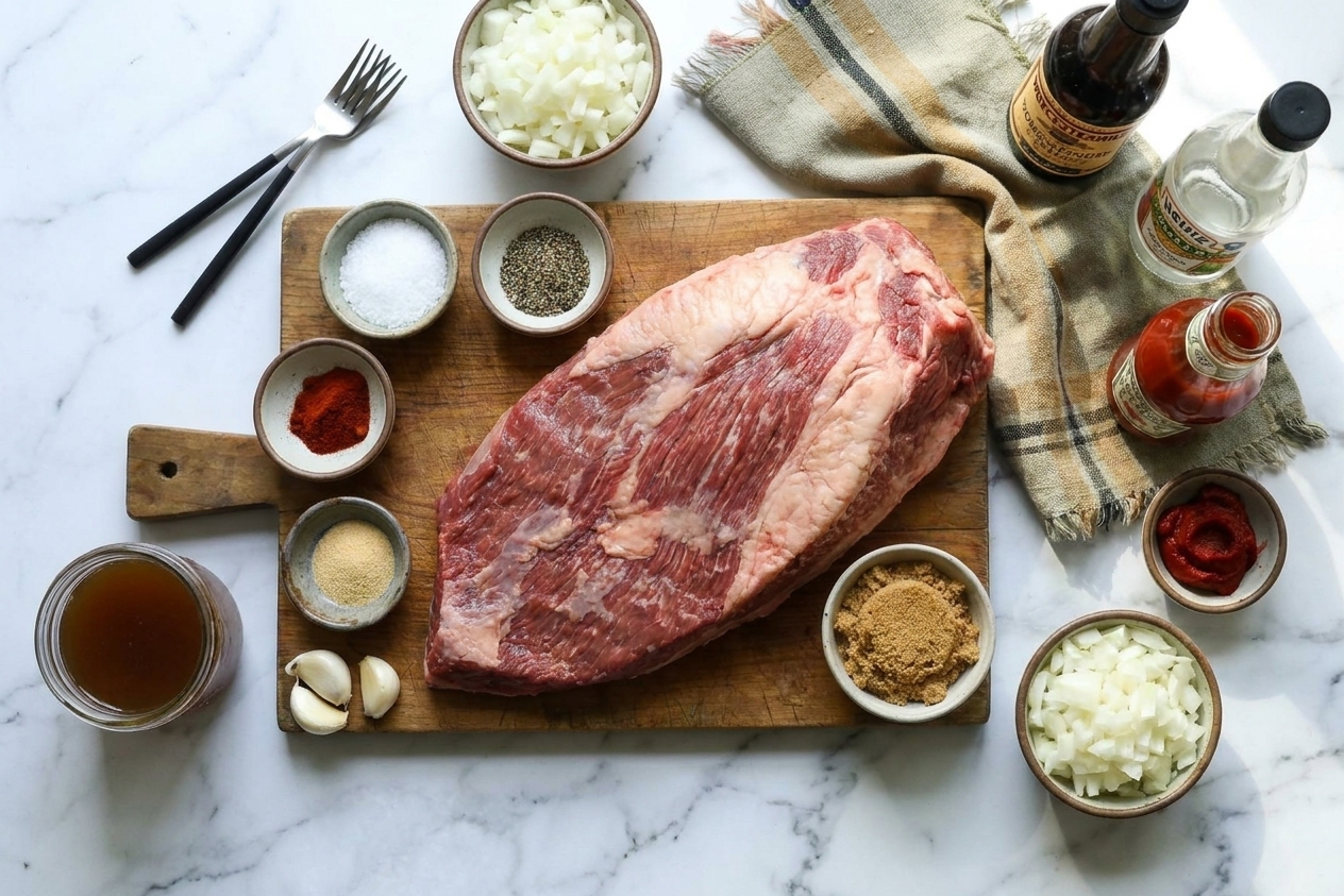 All ingredients for slow cooker brisket arranged on a kitchen counter, including brisket, onions, garlic, broth, tomato paste, ketchup, Worcestershire, vinegar, and spice bowls
