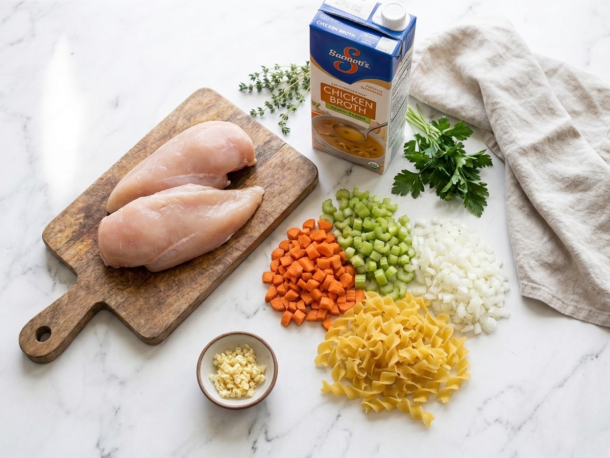 All ingredients for slow cooker chicken noodle soup arranged on a light kitchen counter including chicken, carrots, celery, onion, garlic, broth, herbs, and egg noodles