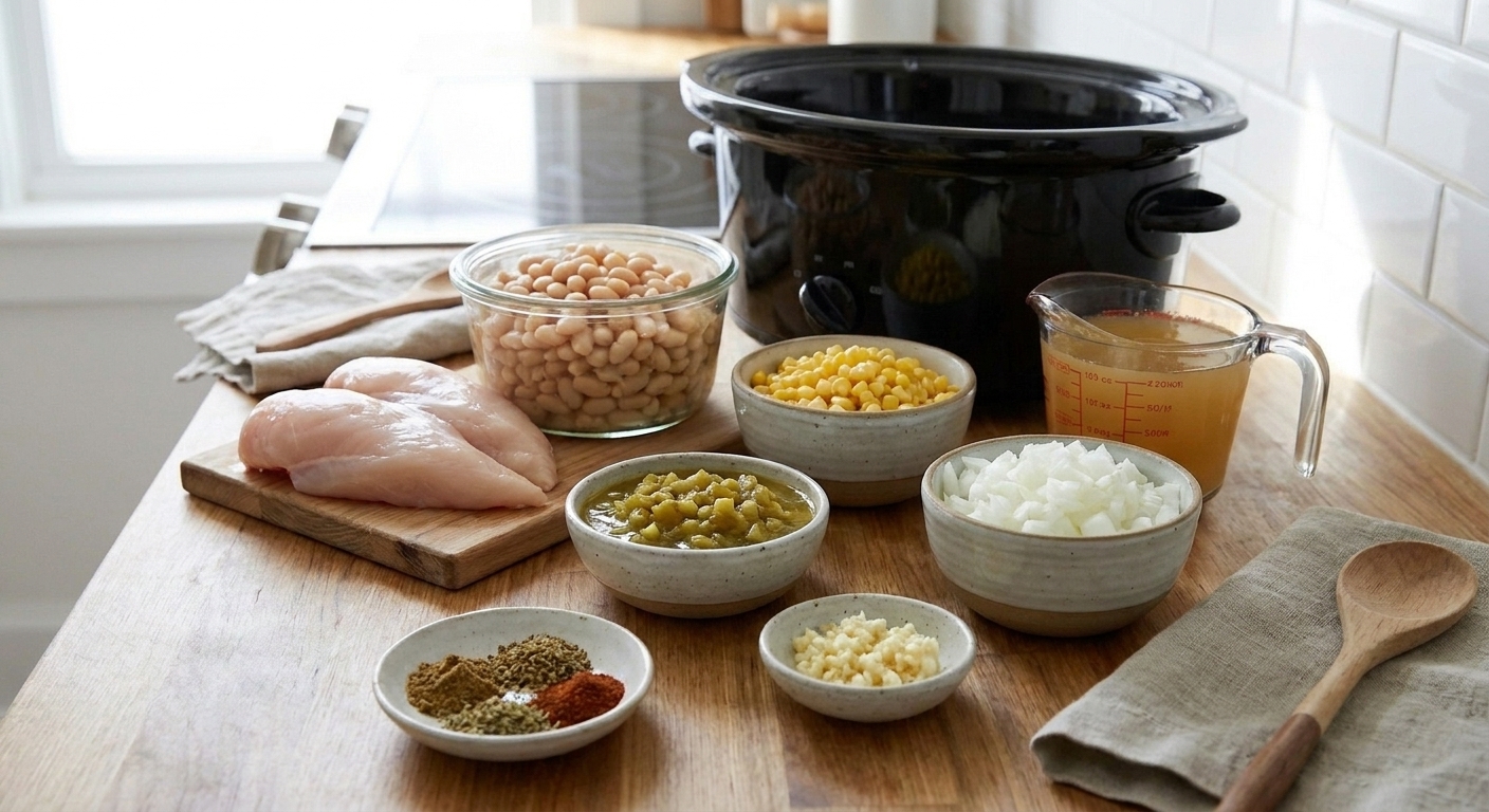 All ingredients for slow cooker white chicken chili arranged on a kitchen counter, including chicken breasts, white beans, corn, green chiles, onion, garlic, broth, and spices in small bowls