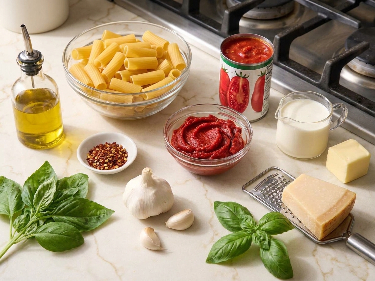 All ingredients for spicy tomato cream pasta arranged on a kitchen counter: pasta, garlic, tomato paste, crushed tomatoes, cream, butter, olive oil, chili flakes, parmesan, and basil