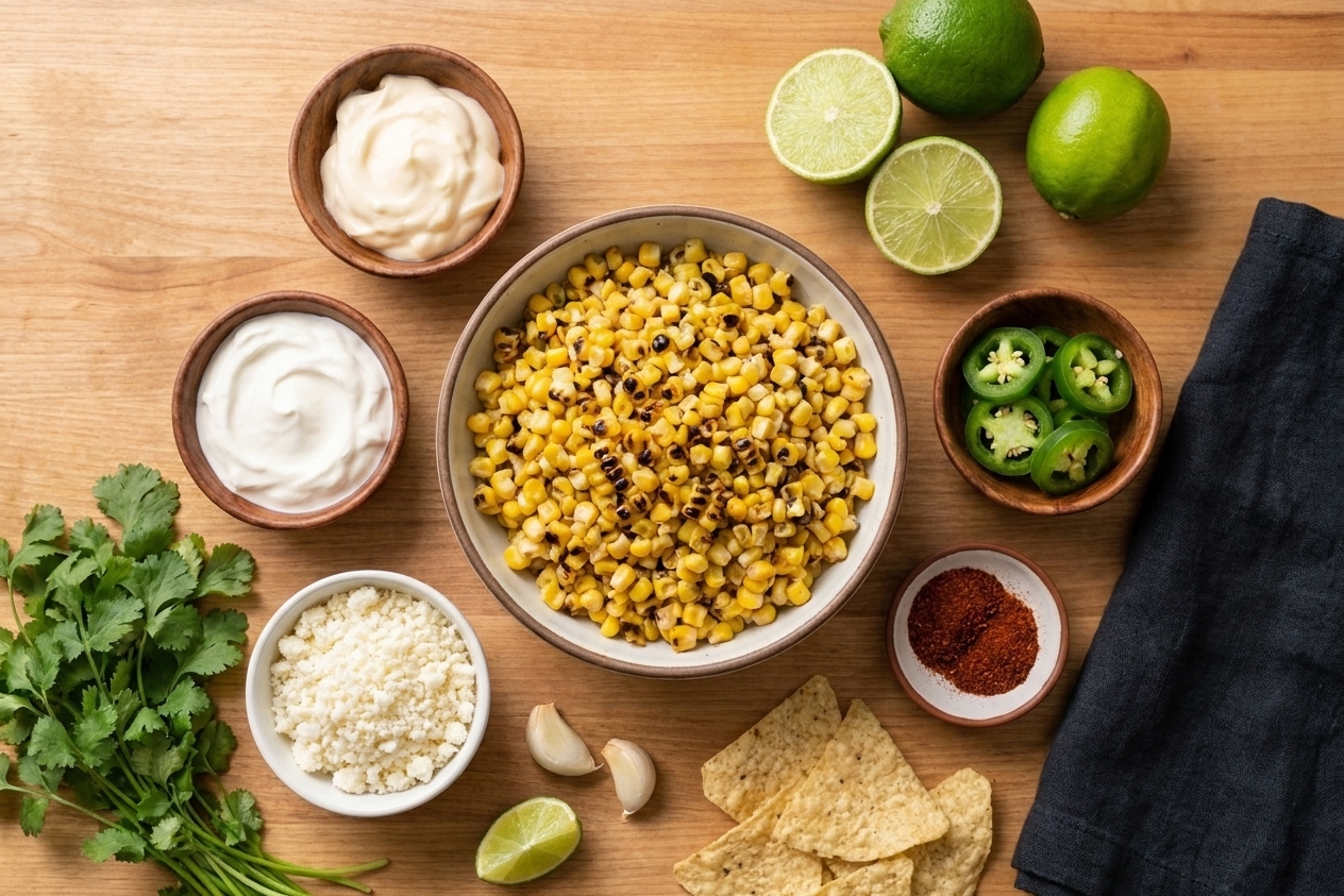 All ingredients for street corn dip arranged on a kitchen counter, including corn, sour cream, mayonnaise, cotija cheese, limes, cilantro, jalapeno, garlic, and spices