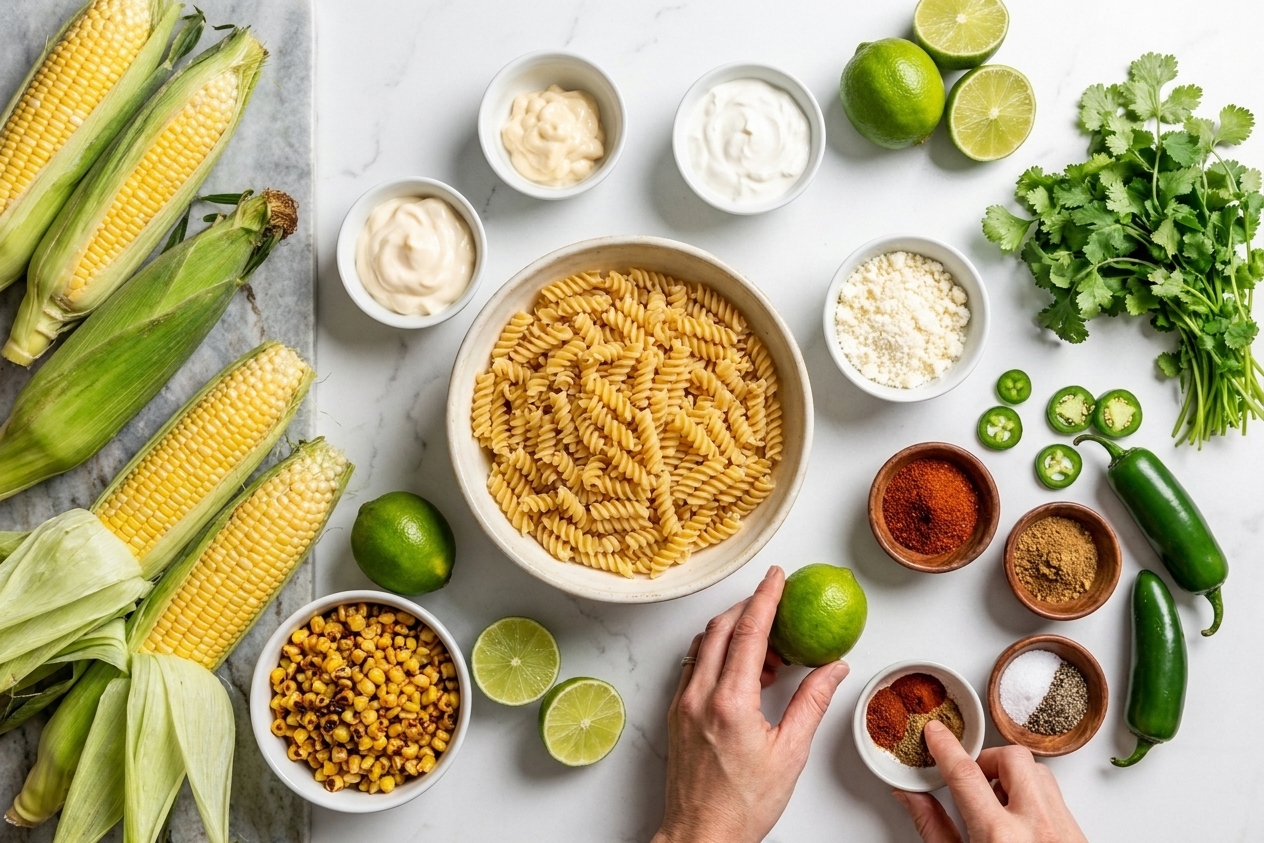 All ingredients for street corn pasta salad laid out on a light kitchen counter including pasta, corn, limes, mayonnaise, sour cream, cotija, cilantro, jalapeño, and spices