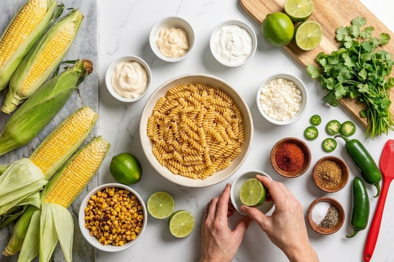 All ingredients for street corn pasta salad laid out on a light kitchen counter including pasta, corn, limes, mayonnaise, sour cream, cotija, cilantro, jalapeño, and spices