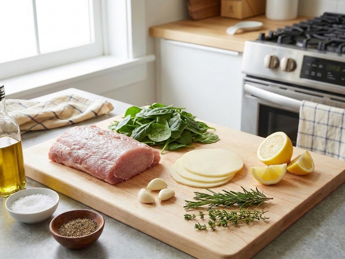 All ingredients for stuffed pork loin arranged on a clean kitchen counter, including pork loin, baby spinach, provolone slices, garlic, lemon, herbs, and small bowls of salt and pepper
