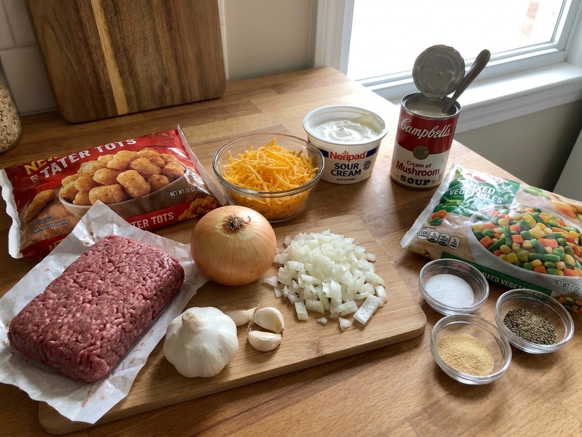 All ingredients for tater tot casserole arranged on a kitchen counter, including frozen tater tots, ground beef, onion, garlic, cheddar cheese, sour cream, cream of mushroom soup, frozen mixed vegetables, and seasonings