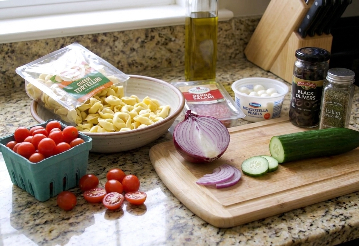 All ingredients for tortellini pasta salad arranged on a clean kitchen counter, including refrigerated tortellini, cherry tomatoes, cucumbers, salami, mozzarella pearls, olives, red onion, and a jar of Italian seasoning