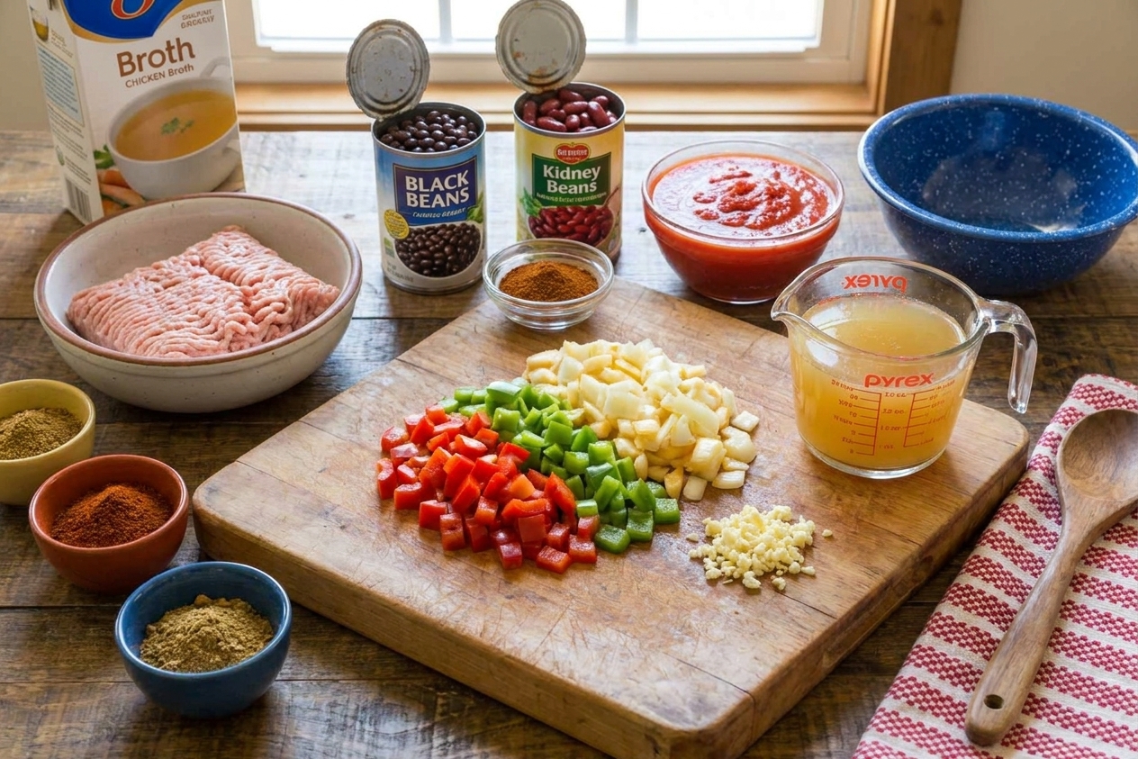 All ingredients for turkey chili arranged on a kitchen counter including ground turkey, canned beans, crushed tomatoes, onion, garlic, spices, and broth