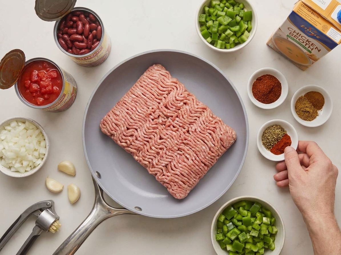 All ingredients for turkey chili laid out on a kitchen counter including ground turkey, canned beans, canned tomatoes, onion, garlic, bell pepper, spices, and broth