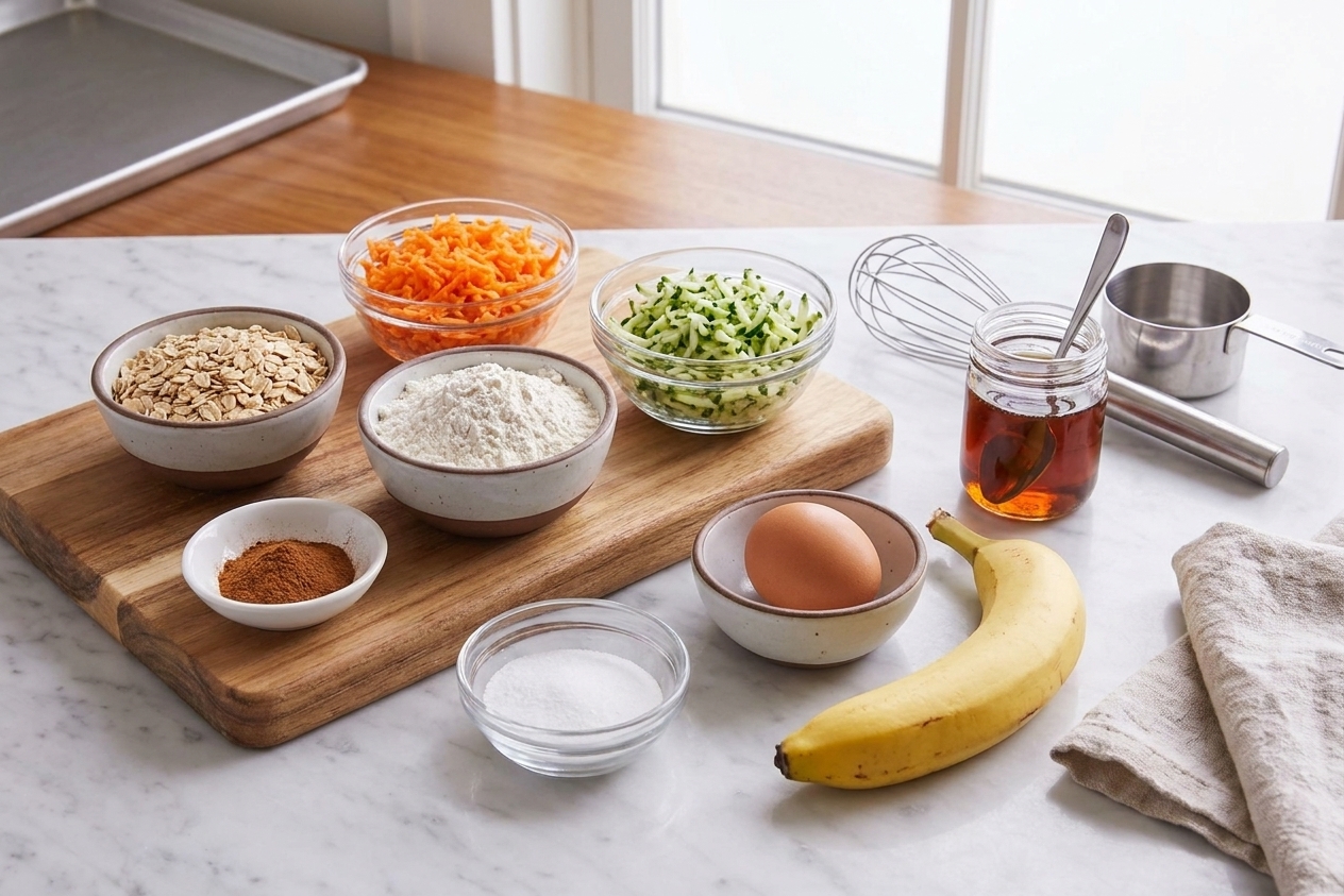 All ingredients for veggie cookie bites arranged on a kitchen counter including grated carrots, grated zucchini, oats, flour, cinnamon, egg, banana, and maple syrup