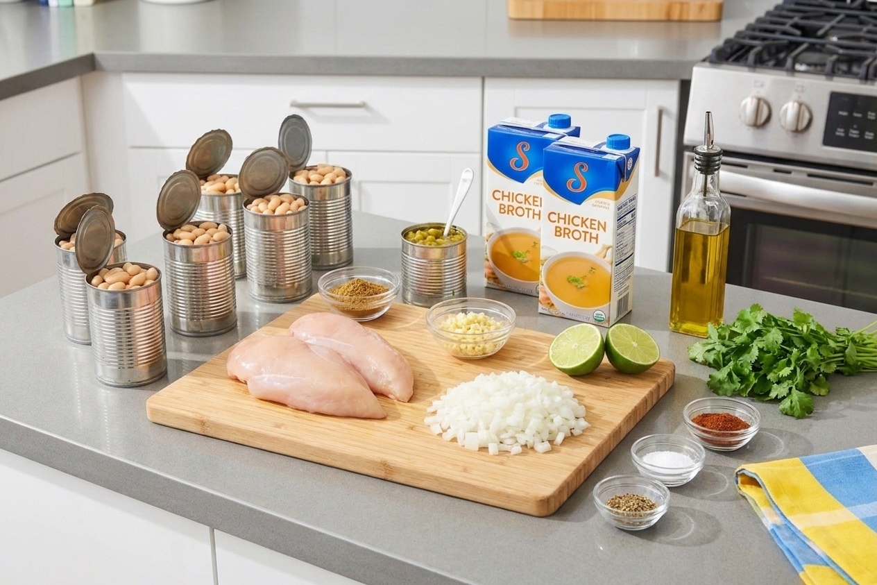 All ingredients for white bean and chicken chili arranged on a bright kitchen counter, including canned white beans, chicken, onion, garlic, green chiles, broth, spices, lime, and cilantro.