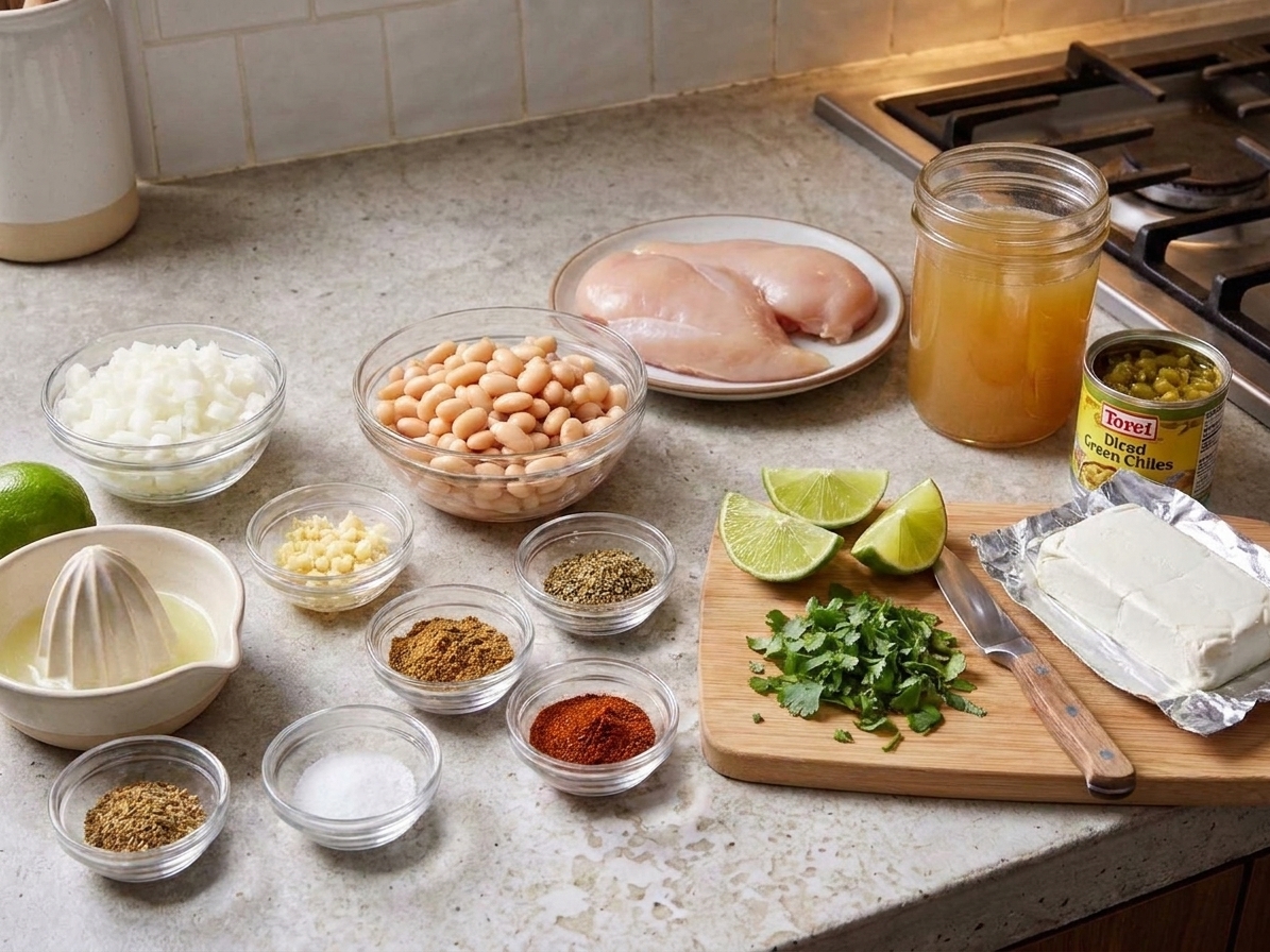 All ingredients for white bean chicken chili arranged on a neutral kitchen counter including canned white beans, chicken, onion, garlic, broth, green chiles, spices, lime, cilantro, and cream cheese