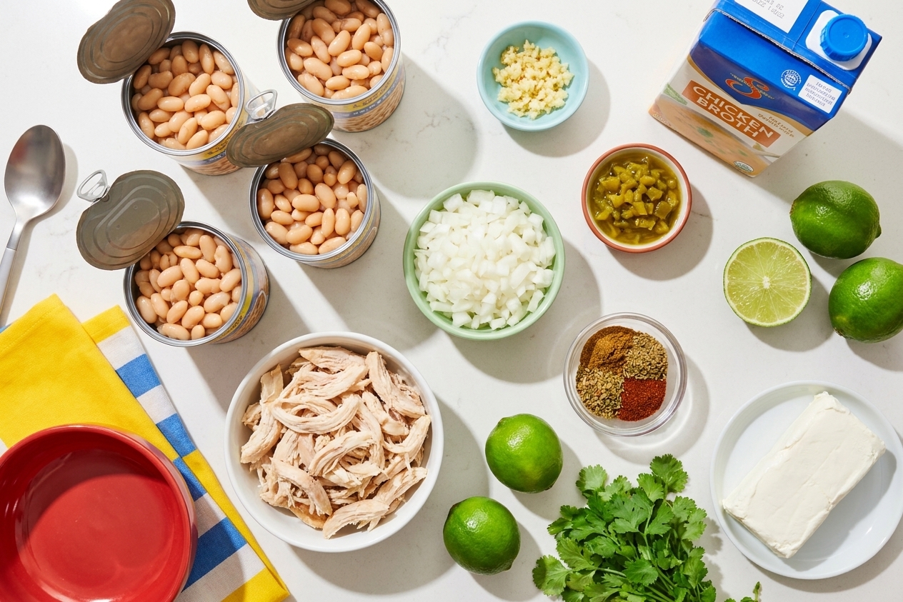 All ingredients for white bean chicken chili arranged on a kitchen counter, including canned white beans, chicken, onion, garlic, green chiles, broth, spices, lime, cilantro, and cream cheese