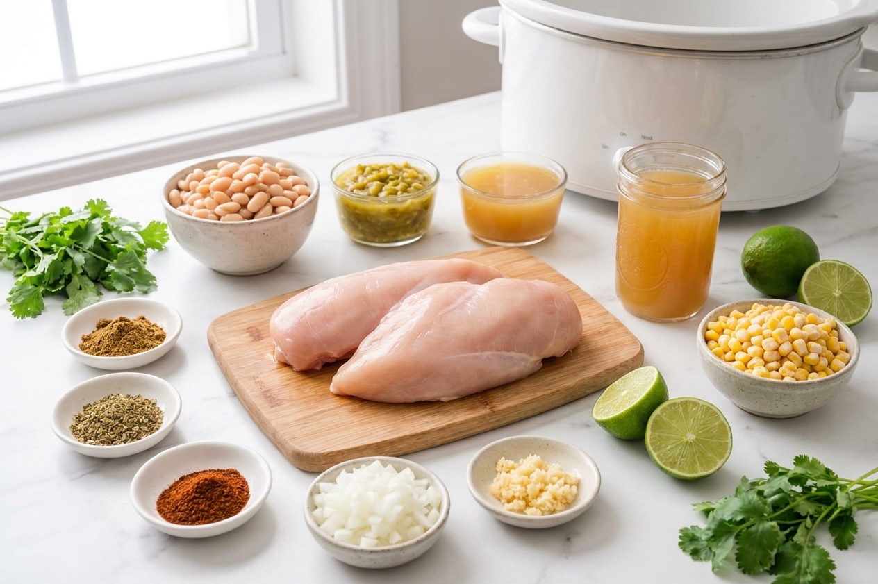 All ingredients for white chicken chili arranged on a bright kitchen counter, including chicken breasts, white beans, green chiles, broth, spices, onion, garlic, corn, lime, and cilantro