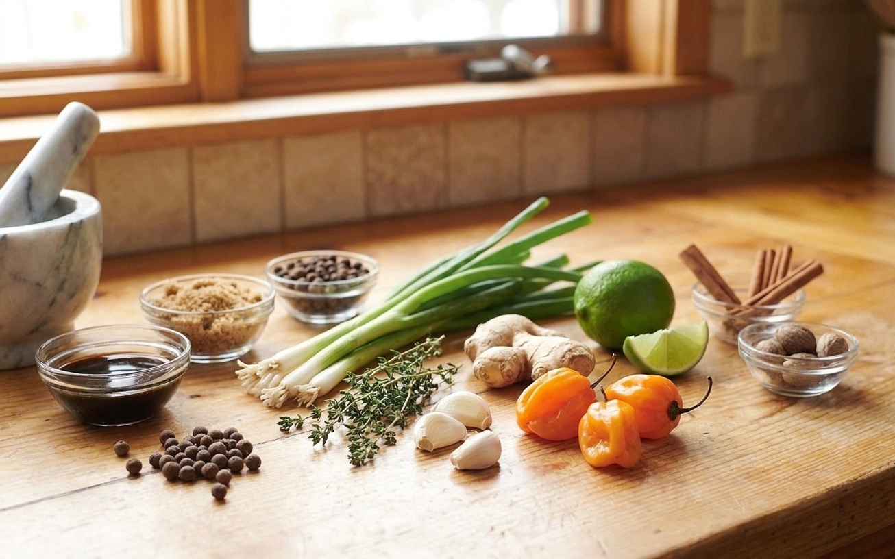 All jerk marinade ingredients arranged on a kitchen counter: scallions, thyme, garlic, ginger, Scotch bonnet or habanero, lime, soy sauce, brown sugar, allspice, cinnamon, and nutmeg
