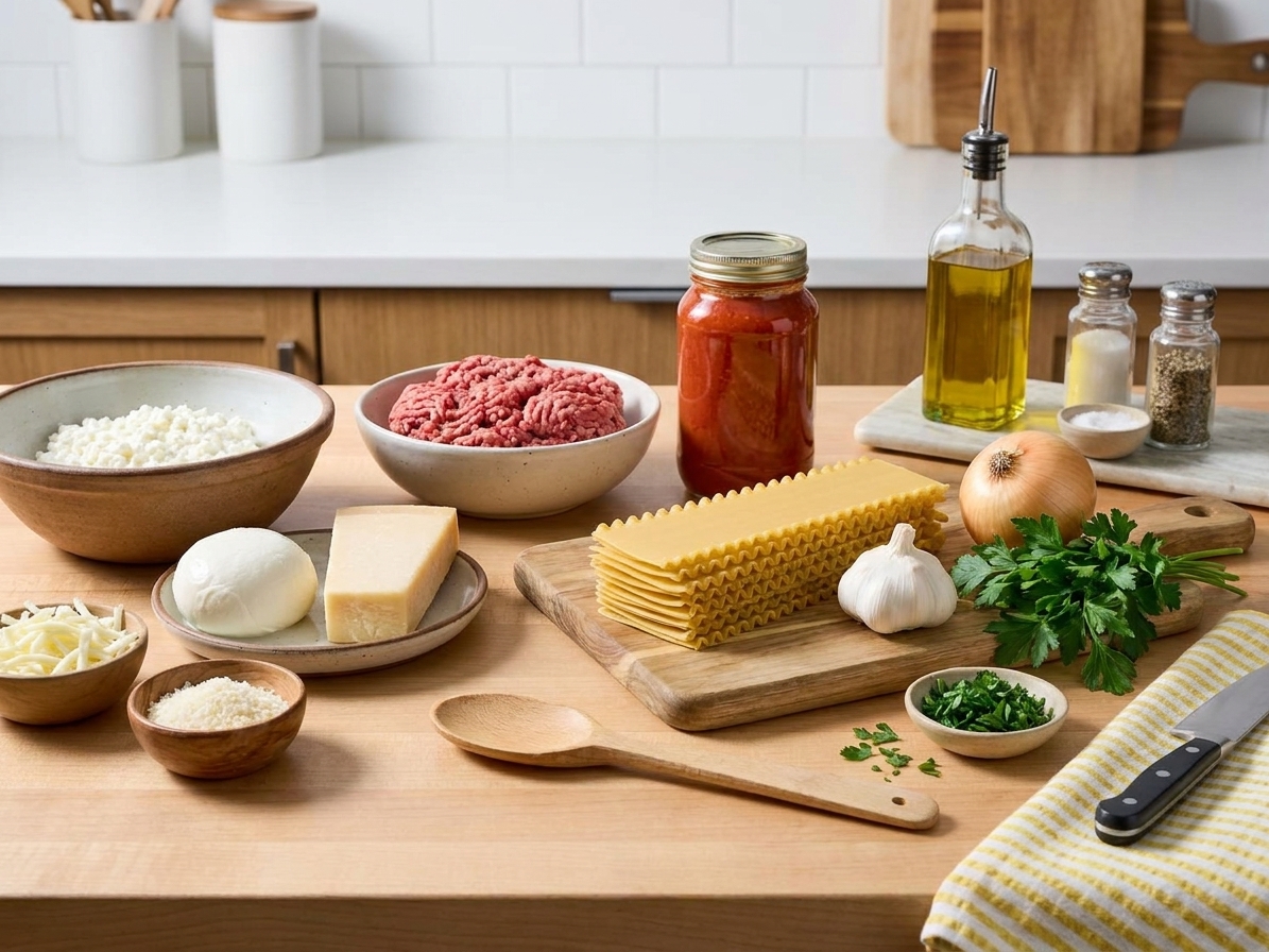 All lasagna ingredients arranged on a clean kitchen counter including cottage cheese, mozzarella, parmesan, lasagna noodles, ground beef, marinara, garlic, onion, and fresh parsley