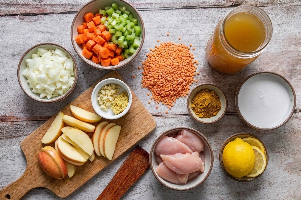 All mulligatawny soup ingredients arranged on a clean kitchen counter, including onion, carrots, celery, garlic, ginger, apple, red lentils, chicken, curry powder, broth, coconut milk, and lemon