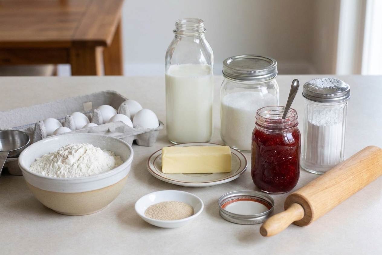 All paczki ingredients arranged on a light kitchen counter including flour, eggs, milk, sugar, butter, yeast, jam, and powdered sugar