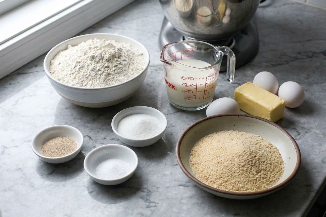 All pandesal ingredients on a kitchen counter: flour, yeast, sugar, salt, warm milk, eggs, butter, and a shallow bowl of fine breadcrumbs