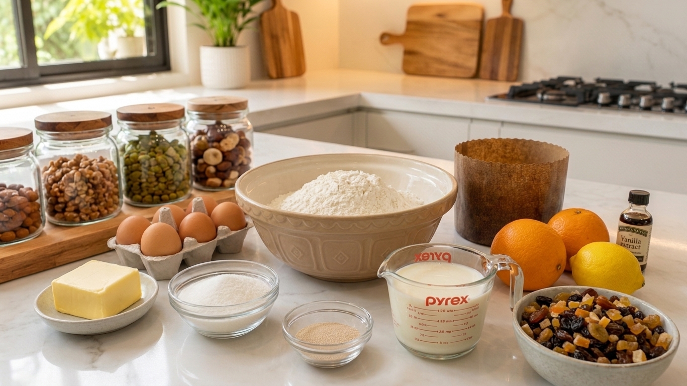 All panettone ingredients arranged on a kitchen counter, including flour, eggs, butter, sugar, yeast, milk, citrus, vanilla, dried fruit, and a tall paper panettone mold