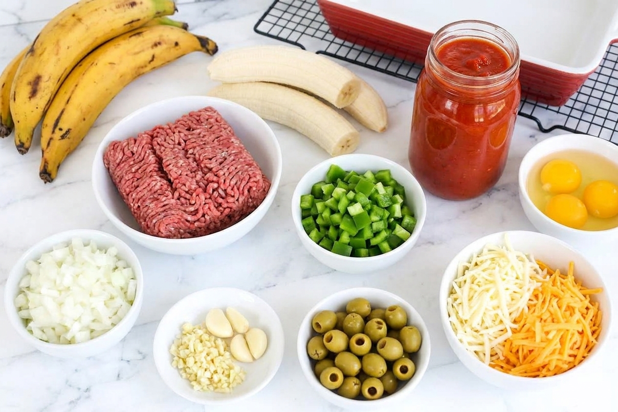All pastelón ingredients arranged on a bright kitchen counter including ripe plantains, ground beef, onions, bell pepper, garlic, tomato sauce, olives, eggs, and shredded cheese in bowls