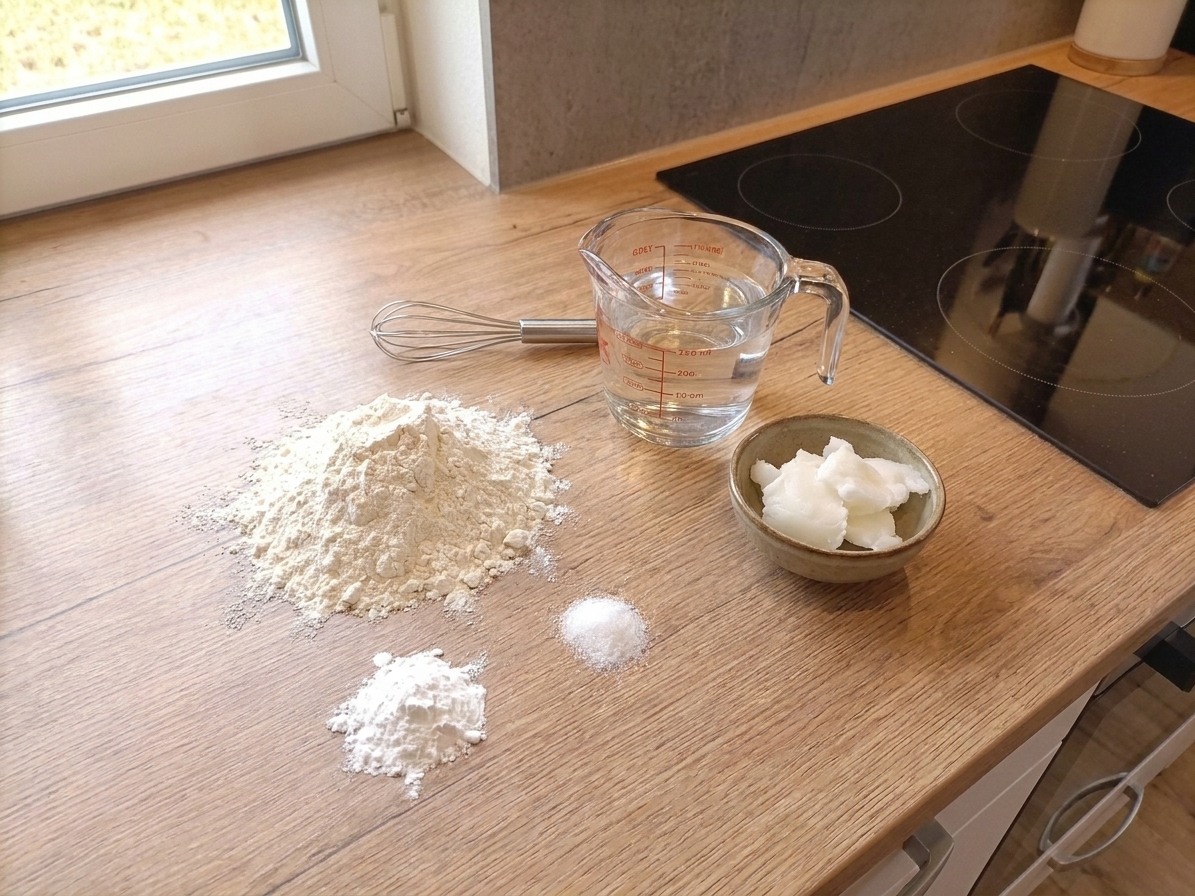 All-purpose flour, baking powder, salt, warm water, and a small bowl of shortening on a kitchen counter, neatly arranged for making fry bread