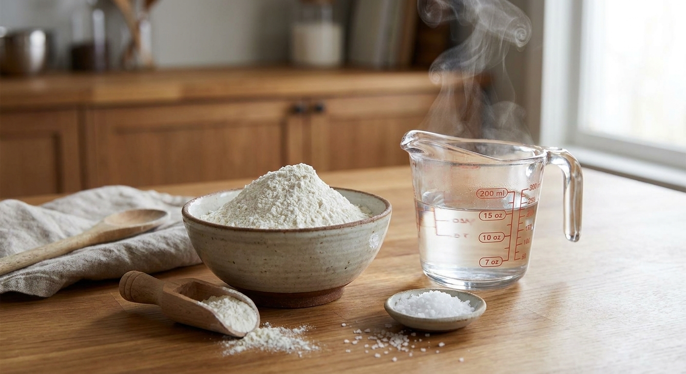 All-purpose flour, kosher salt, and a measuring cup of water arranged on a clean kitchen counter ready for dumpling dough