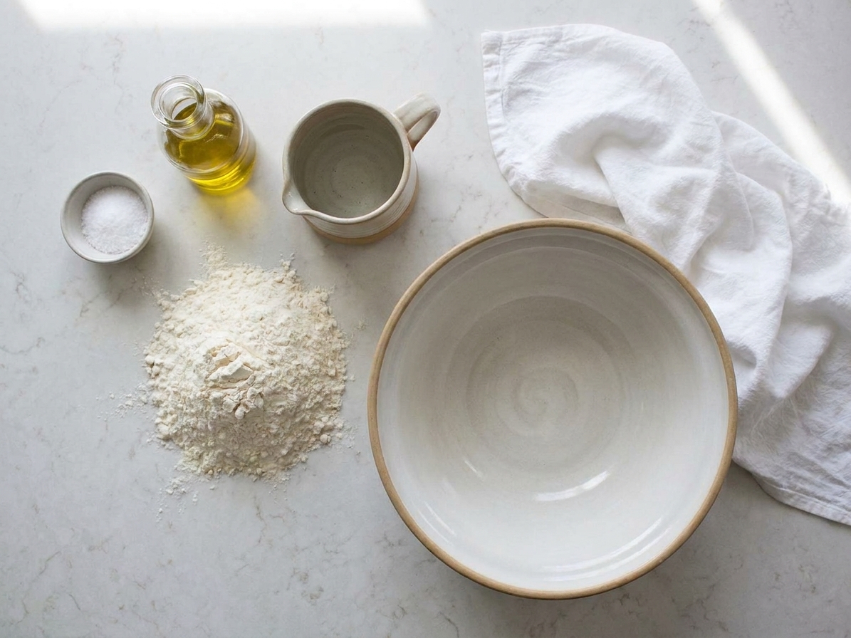 All-purpose flour, kosher salt, olive oil, and a measuring cup of warm water arranged on a clean kitchen counter with a mixing bowl