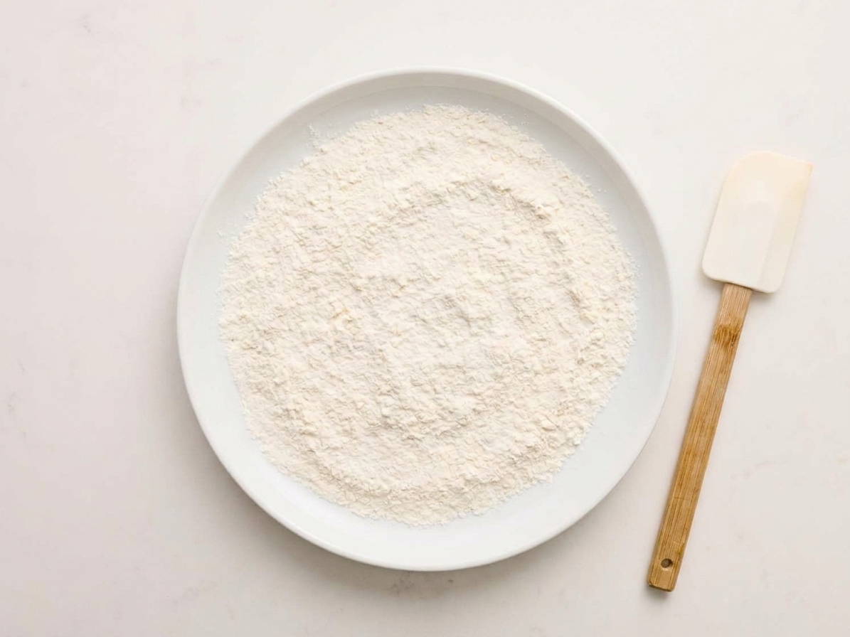 All-purpose flour spread in an even layer on a microwave-safe plate on a kitchen counter, ready to be heat-treated