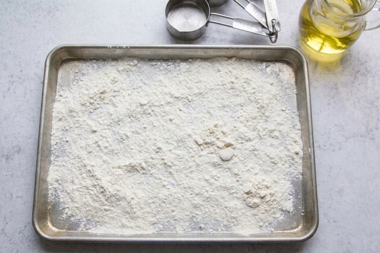 All-purpose flour spread in an even layer on a rimmed baking sheet, ready to be heat-treated in the oven