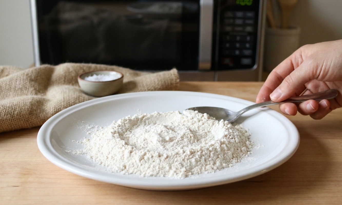 All-purpose flour spread on a microwave-safe plate with a spoon nearby, ready to be stirred between heating bursts