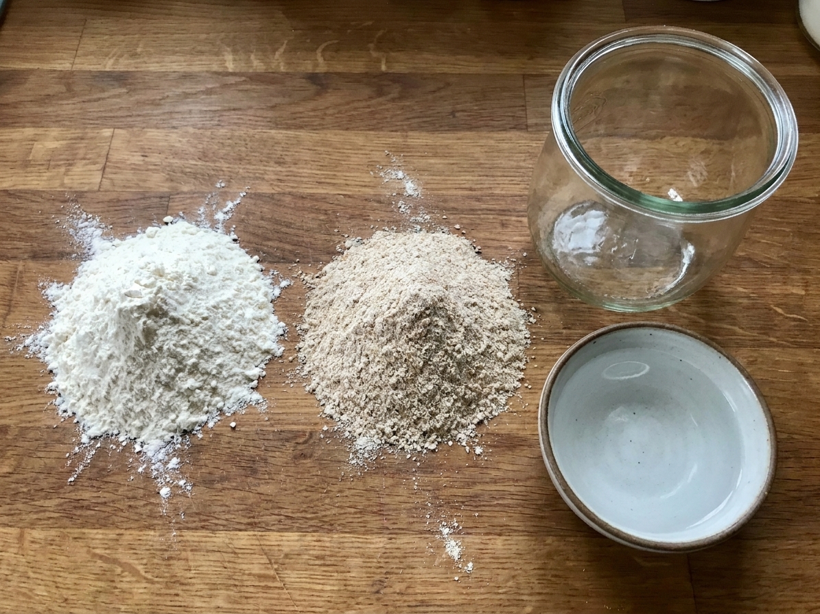 All-purpose flour, whole wheat flour, and a small bowl of water arranged on a tidy kitchen counter next to an empty glass jar