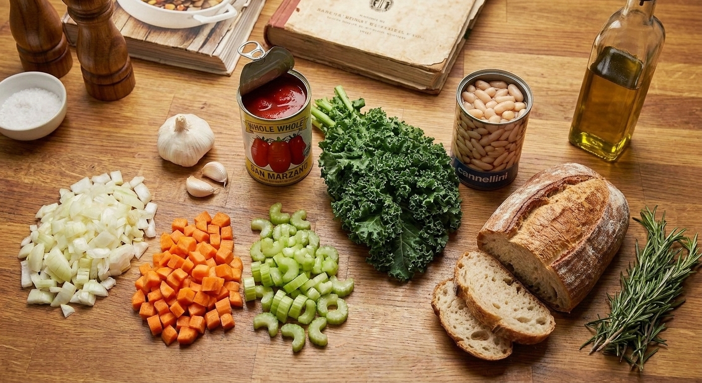 All ribollita ingredients arranged on a kitchen counter including onions, carrots, celery, garlic, canned tomatoes, kale, cannellini beans, bread, olive oil, and rosemary
