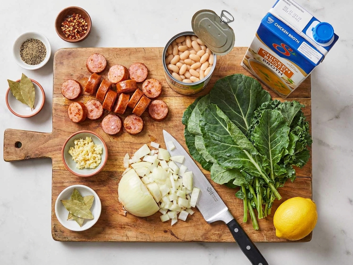 All swamp soup ingredients arranged on a light kitchen counter including smoked sausage, canned white beans, chicken broth, onion, garlic, leafy greens, lemon, and seasonings