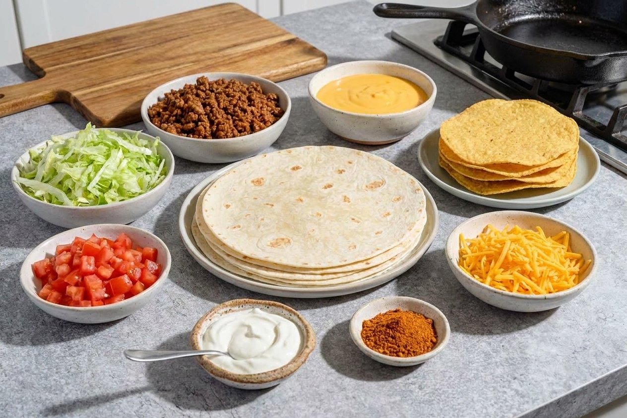 All the Crunchwrap ingredients arranged on a kitchen counter: large flour tortillas, tostadas, cooked taco beef, nacho cheese sauce, shredded lettuce, diced tomatoes, sour cream, shredded cheese, and taco seasoning