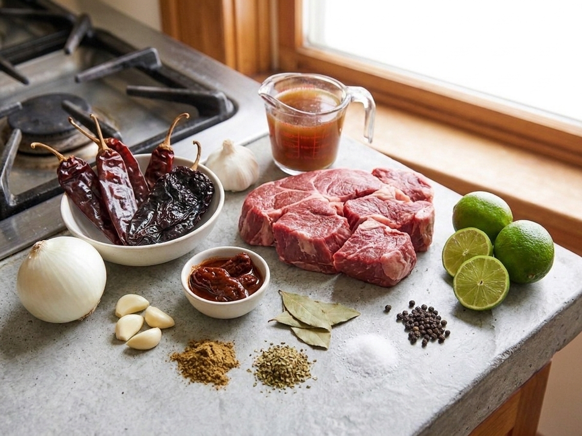 All the barbacoa ingredients arranged on a kitchen counter including beef chuck roast, dried chiles, onion, garlic, chipotle in adobo, spices, broth, and limes
