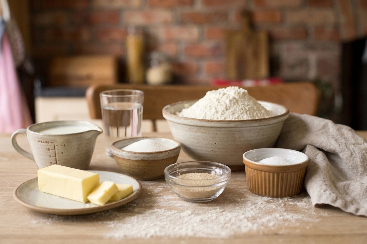 All the ingredients for Amish bread measured in bowls on a clean kitchen counter, including flour, sugar, yeast, salt, butter, and milk