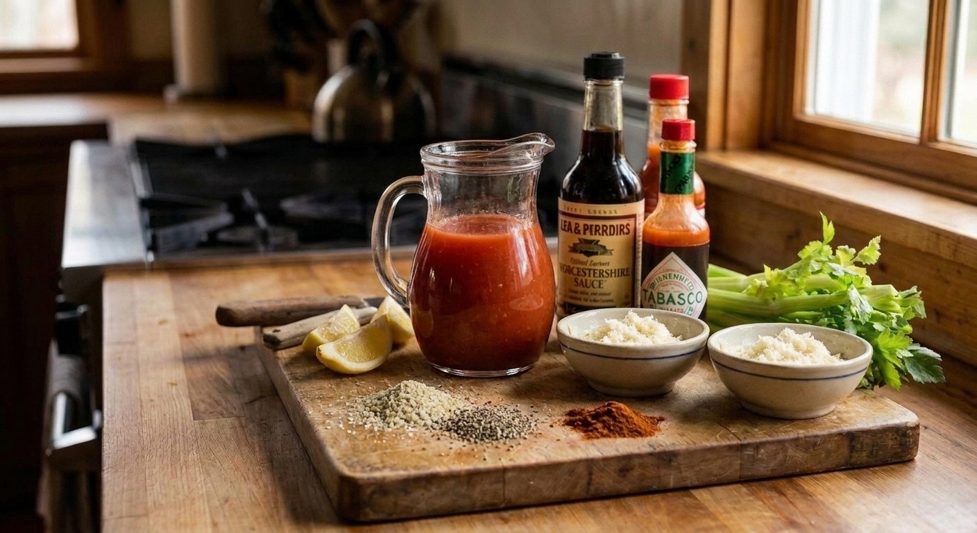 All the ingredients for Bloody Mary mix arranged on a kitchen counter including tomato juice, lemon, horseradish, Worcestershire sauce, hot sauce, celery salt, black pepper, and smoked paprika