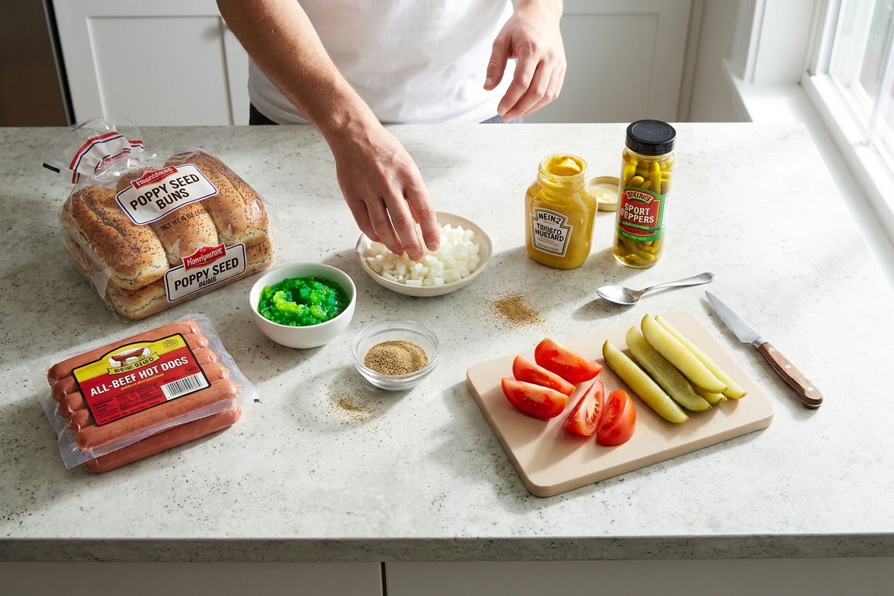 All the ingredients for Chicago dogs arranged on a bright kitchen counter, including all-beef hot dogs, poppy seed buns, yellow mustard, neon green relish, diced onions, tomato wedges, pickle spears, sport peppers, and celery salt