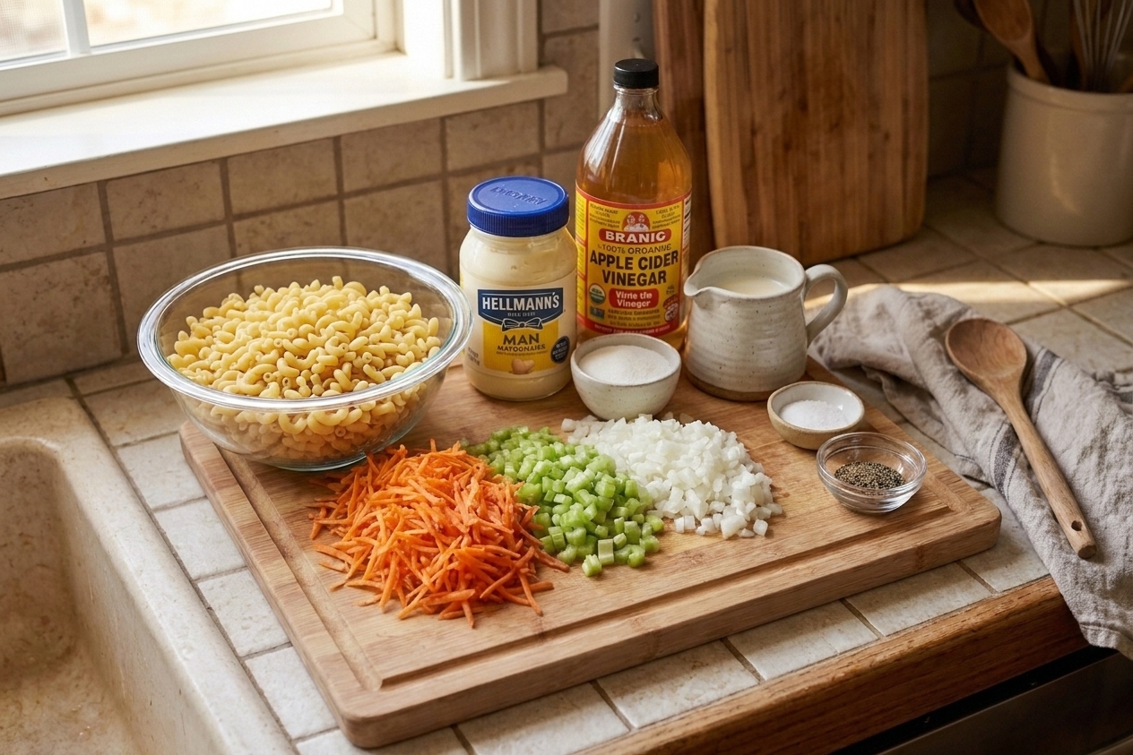All the ingredients for Hawaiian macaroni salad arranged on a clean kitchen counter including macaroni, mayonnaise, apple cider vinegar, milk, carrot, celery, onion, sugar, salt, and pepper