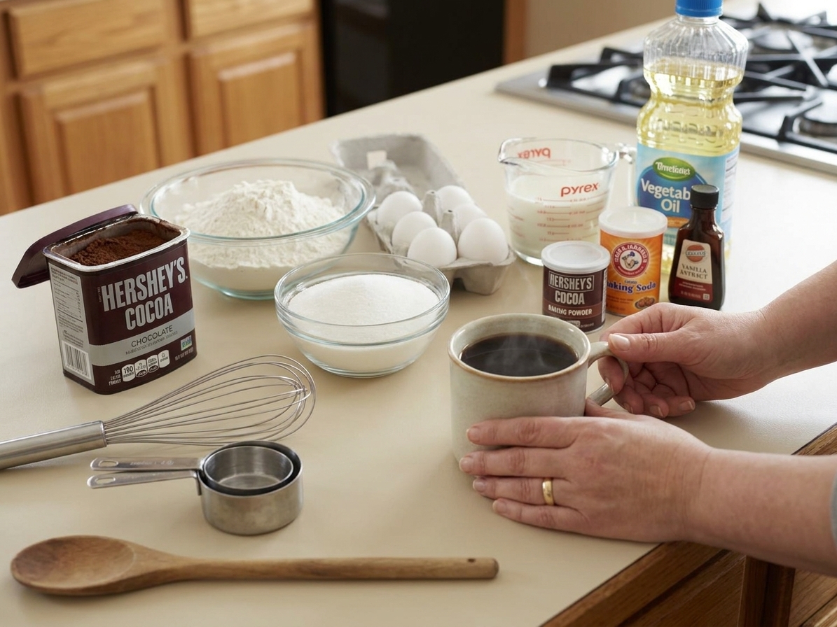 All the ingredients for Hershey’s chocolate cake measured on a kitchen counter, including cocoa powder, flour, sugar, eggs, milk, oil, baking powder, baking soda, vanilla, and a mug of hot coffee