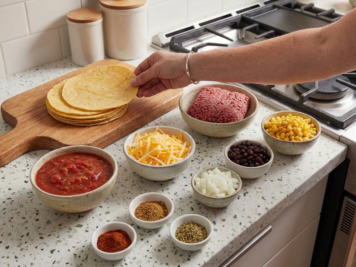 All the ingredients for Mexican lasagna arranged on a home kitchen counter, including tortillas, ground beef, black beans, salsa, shredded cheese, corn, onions, and spices in small bowls