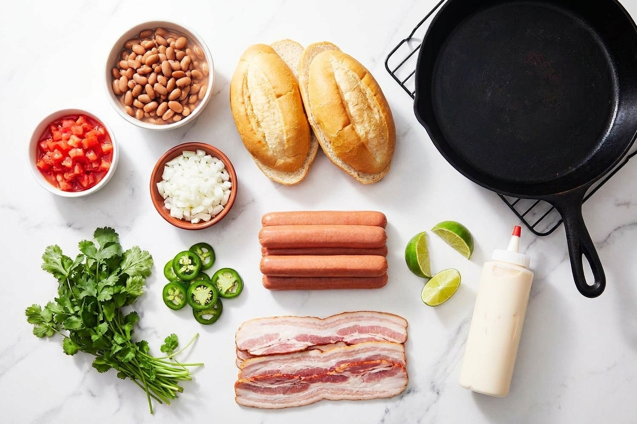 All the ingredients for Sonoran hot dogs laid out on a kitchen counter, including hot dogs, bacon, bolillo rolls, pinto beans, tomatoes, onions, jalapeños, cilantro, lime, and crema