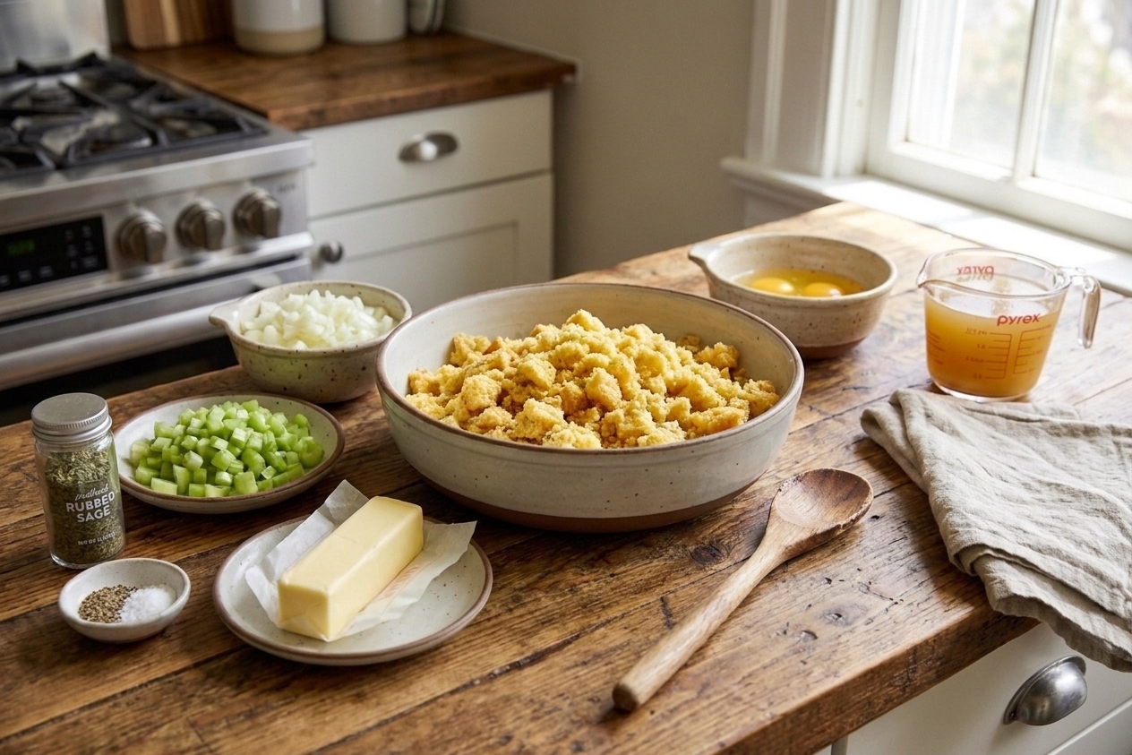 All the ingredients for Southern cornbread dressing laid out on a kitchen counter, including crumbled cornbread, diced onion, diced celery, eggs, chicken broth, butter, and dried sage